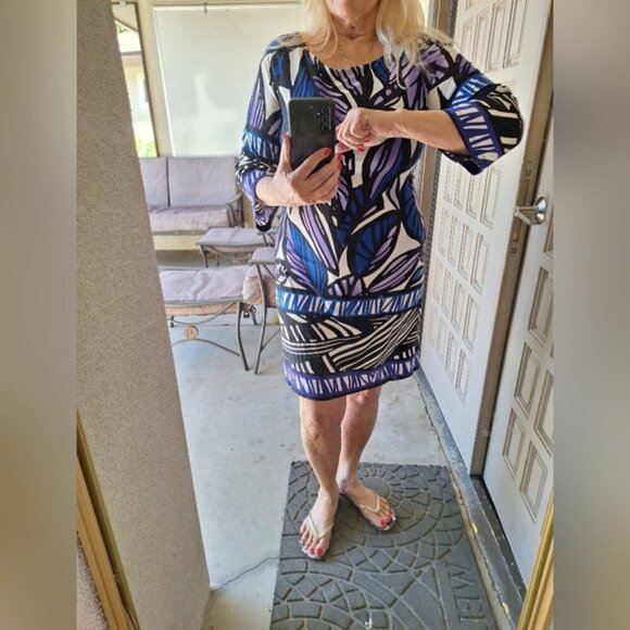 Enfocus Studio Dress 3/4 Sleeves Sz10 Very Pretty Round Neck Purp/Blue Geometric - Picture 3 of 13